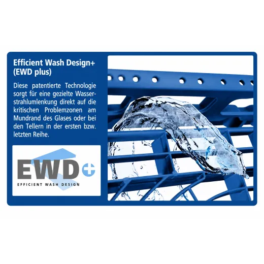 Efficient Wash Design PLUS (EWD+) - Weiterentwicklung des EWD-Systems mit patentierter Wasserstrahlumlenkung f�r optimale Reinigung kritischer Bereiche. Die innovative Bodenstruktur und pr�zisere Wasserf�hrung sorgen f�r optimale Sp�lergebnisse