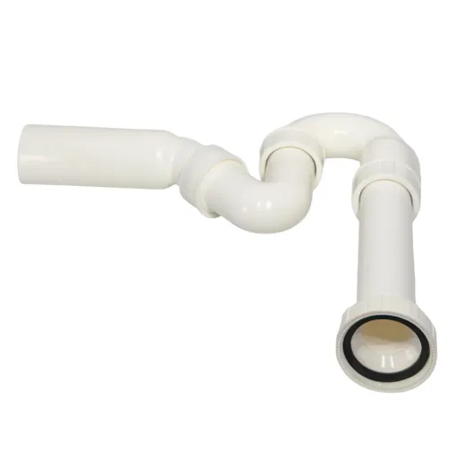 Detailansicht des 2 Zoll Universal-Rohrgeruchsverschlusses mit sichtbarem Anschluss oben. Ausf�hrung aus wei�em Kunststoff, passend f�r gewerbliche Sp�lbecken mit 50 mm Abgang, inklusive zwei Dichtungen f�r dichte und stabile Montage.