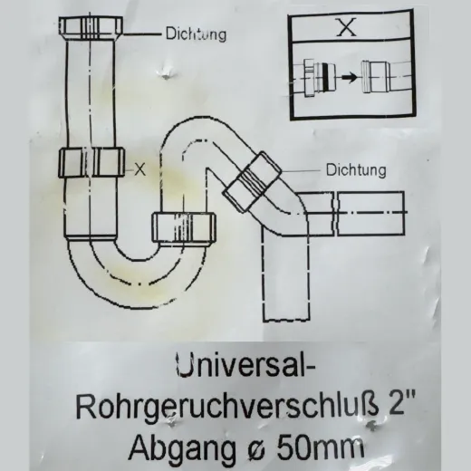 Zeichnung des 2 Zoll Universal-Rohrgeruchsverschlusses mit Montageschema, fuer den Anschluss an ein gewerbliches Spuelbecken mit 2 Zoll Anschluss und Abwasseranschluss Durchmesser 50 mm, aus Kunststoff weiss, inklusive Dichtungen fuer dichte Montage