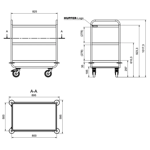 Ma�zeichnung des Hupfer Edelstahl Etagenwagens Typ VSSW 8x5-3 - 0112202-V. Schwerer Servierwagen mit 3 Borden, Bordma� 800x500 mm, stabile Konstruktion, Nutzlast bis 200 kg. Ideal f�r den Einsatz in Hotel, Jugendherberge, Apotheke, Klinik oder KITA.