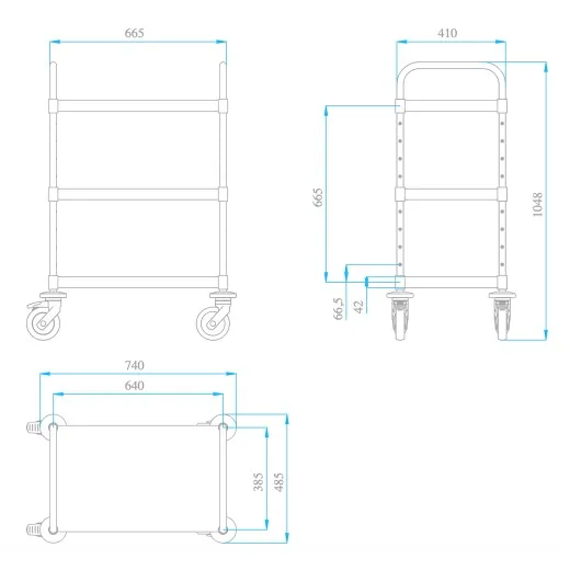 Technische Zeichnung des Hupfer Servierwagens VarioCart VC 6x4/3M mit 3 schallgedmmten Borden fr 60x40 cm Eurobehlter. Abmessungen: 740x485x1048 mm (B/T/H).