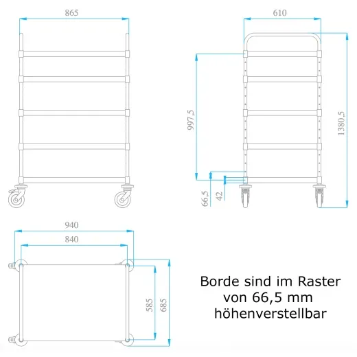 Ma�zeichnung des Hupfer Edelstahl Etagenwagens VarioCart 0112789-L VC 8x6/5 L-L mit 4 verstellbaren Borden, optimiert f�r EURO-Boxen 60x40 cm, mit leisen Rollen und stabiler Bauweise.