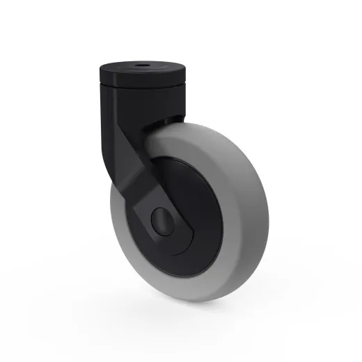 Detailansicht der leisen, luftidentischen Kunststoffrolle am Hupfer Edelstahl Servierwagen VarioCart VC 8x6/5 L-L mit 5 Borden. Die kugelgelagerte Rolle sorgt f�r ger�uscharmen Lauf und hohe Mobilit�t auf verschiedenen Bodenbel�gen.