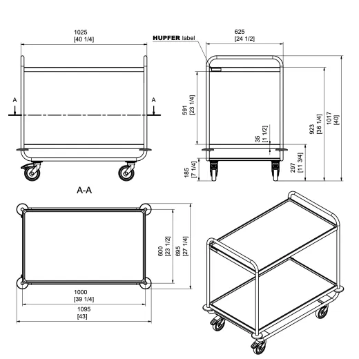 Mazeichnung des Hupfer Edelstahl Etagenwagens Typ VSSW 10x6-2 - 0112292-V. Schwerer Servierwagen mit 2 Borden, Bordma 975x600 mm, stabile Konstruktion, Nutzlast bis 160 kg. Ideal fr den Einsatz in Hotel, Jugendherberge, Apotheke, Klinik oder in der Leb