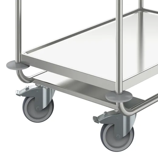 Detailansicht einer von zwei eingeschweiten Traversen am Hupfer Edelstahl Etagenwagen Typ VSSW 10x6-2, Art.-Nr. 0112292-V. Sie gewhrleisten optimale Stabilitt und hohe Nutzlast bis 160 kg, auch bei intensiver Beanspruchung in Hotel, Klinik o. Apotheke.