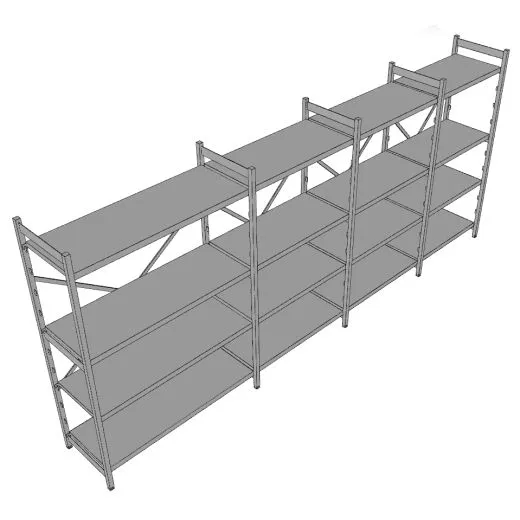 3D-Ansicht vom Hupfer Regal N35 - 420x61x180/200 cm mit Edelstahl Blechauflagen 3D-Ansicht des Hupfer Regals Norm-35 mit den Maßen 420x61x180/200 cm, ausgestattet mit hochwertigen Edelstahl Blechauflagen - ideal für Hygiene-, Kühl- und Lagerbereiche.