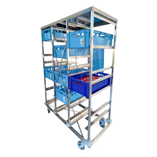 R�ckansicht des Hupfer Edelstahl Regalwagens RG-F EB 13-6/1796 mit Eurobeh�ltern 60x40 cm E1 bis E5 im Anwendungsbeispiel. Geeignet f�r hygienische Bereiche wie Labore, Medizin, Lebensmittelverarbeitung, Pharma und Industrie.