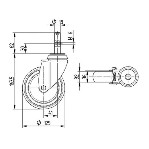 Technische Zeichnung der Lenkrolle LR Poly/St Rz1/125 mit � 125 mm. Kunststoffgeh�use, Gleitlager, Rundzapfenbefestigung (Rz1), ohne Bremse. Passend f�r Hupfer-Ger�te wie EN/GN-Wagen, Abr�um- oder Servierwagen.