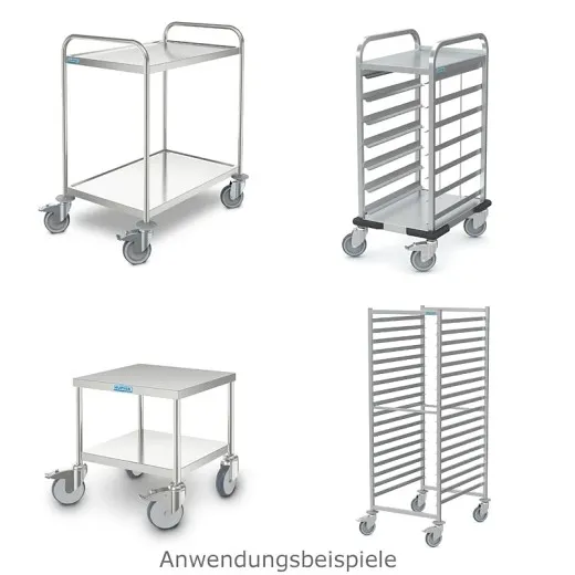 Einsatz der Lenkrolle LR Poly/St Rz1/125 in Hupfer-Servierwagen, GN-/EN-Wagen, Abr�umwagen und Regalwagen. F�r leichte, stabile Mobilit�t in Gro�k�che, Sp�lbereich und Speisentransport.
