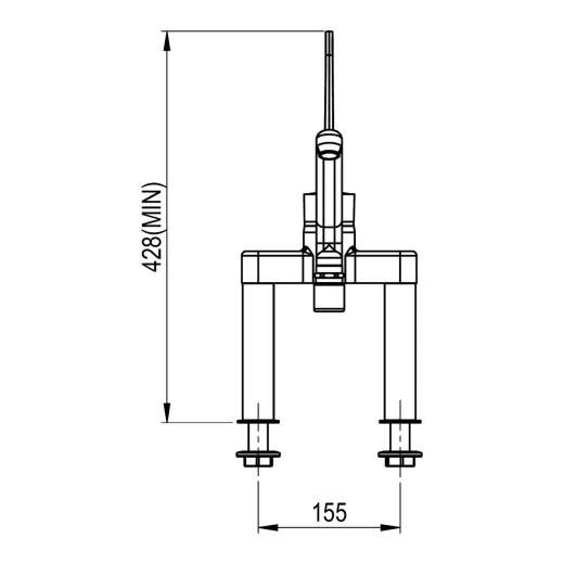 Ma�zeichnung Frontansicht der Klarco LINEA STYL Profi Line 1S.3042.48.72: erh�hte Zweiloch-Standarmatur, Anschlussdistanz 155 mm, Gesamth�he 428 mm (MIN). Mit S�ule 150 mm und zwei Gewindesch�ften G 1/2.