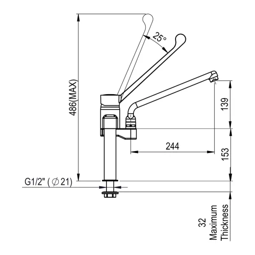 Ma�zeichnung Seitenansicht der Klarco LINEA STYL Profi Line 1S.3042.48.72: Gesamth�he 486 mm (MAX), Auslauf 244 mm, Auslaufh�he 139 mm, Hebelschwenk 25 Grad, Anschluss G 1/2 (�21 mm).