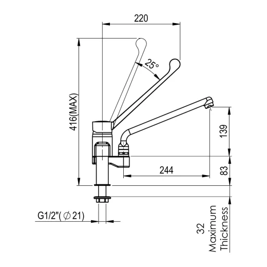 Technische Ma�zeichnung der Klarco LINEA STYL Profi Line 1S.3021M.45.72: abgewinkelte erh�hte Zweiloch-Standarmatur mit Einloch-Einhebelmischbatterie f�r Tischmontage, Auslaufhahn 185 mm, Lochabstand 155 mm, Mindestbauh�he 358 mm. Frontansicht.