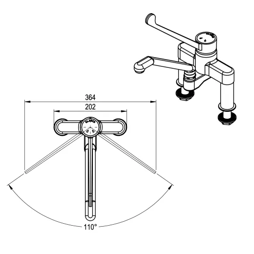 Technische Ma�zeichnung der Klarco LINEA STYL Profi Line 1S.3021M.45.72: Draufsicht mit 110� Schwenkbereich, Auslaufradius 364 mm, Drehbereich 202 mm. Zus�tzlich 3D-Ansicht der Zweiloch-Standarmatur mit erh�hten Ellenbogenhebeln f�r Tischmontage.