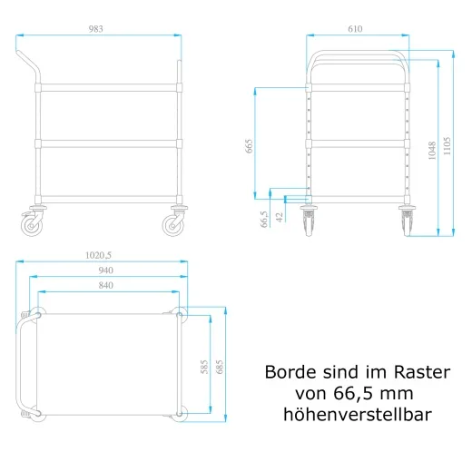 Technische Mazeichnung des Hupfer Variocart VC 8x6/3 M-L Schwerlast Edelstahl Servierwagens mit 3 hhenverstellbaren Borden. Auenma: 1.021 x 685 x 1.105 mm (B/T/H). Bordma: 800 x 600 mm, Traglast je Bord: 100 kg, Gesamtnutzlast: 300 kg. Optimiert fr