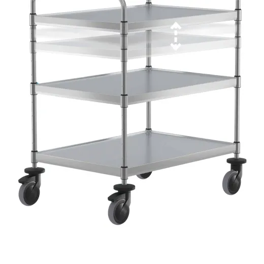 Anwendungsbeispiel in einer Mensakche: Hupfer VarioCart VC 8x6/3 M-L mit drei hhenverstellbaren Borden, Art.-Nr. 0112700. Geeignet fr Eurobehlter 60x40 cm sowie Bcker- und Fleischerkisten. Stabiler Edelstahlwagen fr Catering, Grokche und Lebensmit