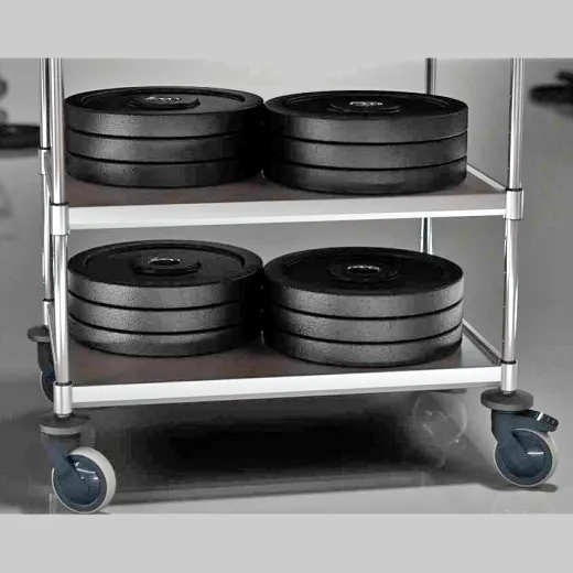 Beispiel fr die enorme Traglast des Hupfer VarioCart VC 8x6/3M-L: Jede hhenverstellbare Ablage ist mit bis zu 100 kg belastbar - ideal fr schwere Transportgter in Hotels und hygienischen Bereichen.