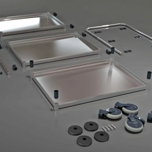 Der Hupfer VarioCart VC 8x6/3M-L aus Edelstahl berzeugt durch modulare Bauweise. Alle Einzelteile wie Borde, Rollen und Schubbgel sind separat erhltlich und einfach austauschbar.