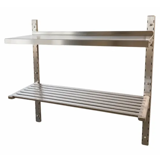 H�henverstellbares Eco Edelstahl Wandbord 100x40 cm mit Rostauflage - zweib�dig montiert an Wandschienen aus Edelstahl, oben geschlossenes Bord, unten Rostbord mit L�ngsstreben.