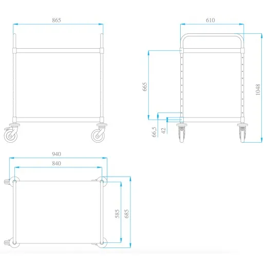 Technische Mazeichnung des Hupfer Variocart VC 8x6/2 M-L Schwerlast Edelstahl Servierwagens mit 2 hhenverstellbaren Borden. Auenma: 1.021 x 685 x 1.105 mm (B/T/H). Bordma: 800 x 600 mm, Traglast je Bord: 100 kg, Gesamtnutzlast: 200 kg. Optimiert fr