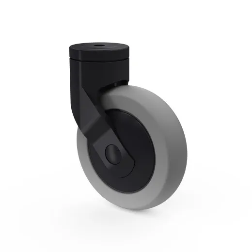 Detailansicht der leisen, luftidentischen Kunststoffrolle am Hupfer Edelstahl Servierwagen VarioCart VC 8x6/2M-L mit 2 Borden. Die kugelgelagerte Rolle sorgt fr geruscharmen Lauf und hohe Mobilitt auf verschiedenen Bodenbelgen.