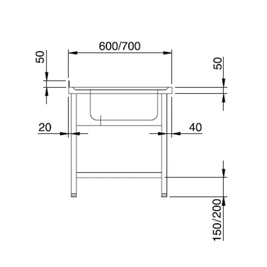 Seitenansicht Ma�zeichnung Chromonorm Edelstahl Sp�lcenter STC612C1RTO mit 1 Becken rechts und offenem Untergestell - Bema�ung in mm mit Tiefe, Aufkantung, Beckenposition, Bodenfreiheit und Stellf��en
