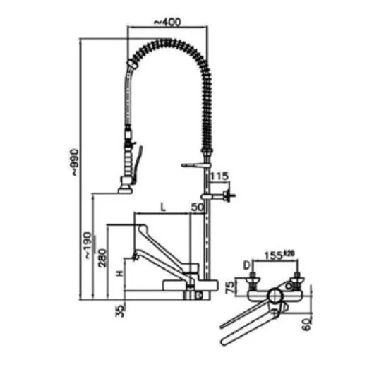 Profi Vorsplbrause hoch - Auslaufhahn 190mm - Zweilochmischbatterie WM2L