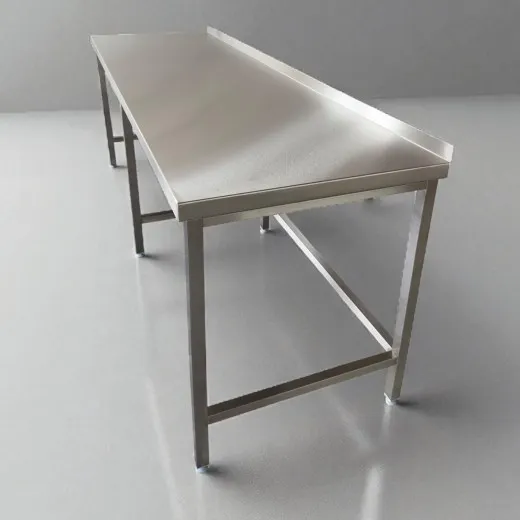 Seitenansicht CAT Edelstahl Arbeitstisch ATV06-04-30 mit offenem Unterbau. Holzfrei unterftterte Tischplatte, Tiefe 60 cm, Breite whlbar von 40 bis 300 cm, Arbeitshhe 85 bis 95 cm. Geeignet fr Feuchtrume und hygienische Bereiche.