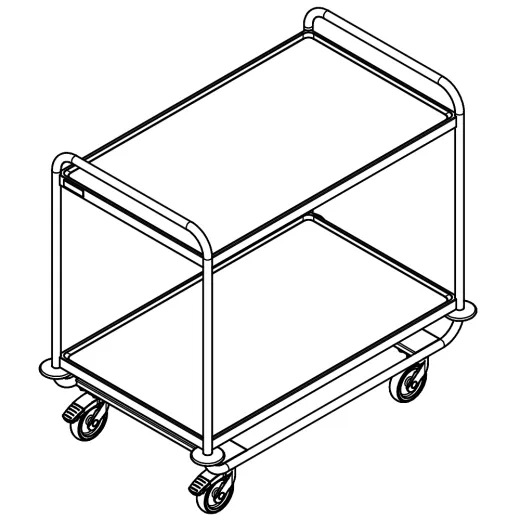 3D Ansicht des Hupfer Edelstahl Servierwagens SSW 10x6-2, Art.-Nr. 0112292. Stabiler Etagenwagen mit zwei Borden 975x600 mm und Nutzlast bis 120 kg. Geeignet fr Hotel, Klinik, Jugendherberge, Apotheke, Metzgerei, Bckerei, Pharma oder Laborbereiche.