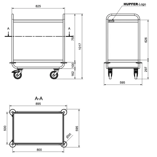Ma�zeichnung des Hupfer Edelstahl Etagenwagens Typ SSW 8x5-2 - 0112172. Schwerer Servierwagen mit 2 Borden, Bordma� 800x500 mm, stabile Konstruktion, Nutzlast bis 120 kg. Ideal f�r den Einsatz in Hotel, Jugendherberge, Apotheke, Klinik oder Pharma.