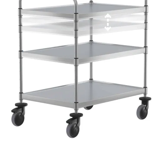 Darstellung der Mglichkeit, die drei schallgedmmten Borde des VarioCart VC 8x6/3 Ergo M individuell in der Hhe zu verstellen. Anpassung im 66,5 mm Raster ideal fr EURO-Behlter 600x400 mm.