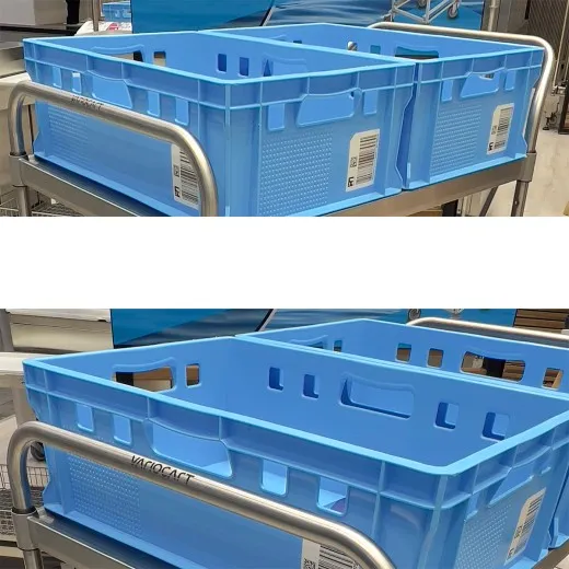 Hupfer Schwerlast Servierwagen VarioCart VC 8x6/3 M aus Edelstahl im Einsatz mit drei Etagen und 60x40 cm EURO-Behltern. Stabil, hygienisch und ideal fr Transport und Lagerung schwerer Gter.