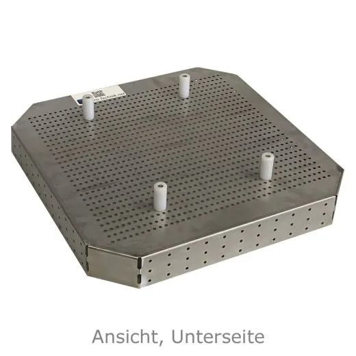CAT Edelstahl Siebeinsatz SEB-50x50-UNIVERSAL 480x480x60/106 mm fr Splbecken 500x500 mm. Gelochter Boden mit umlaufendem Rand, zwei seitliche Bgelgriffe und vier Kunststofffe. Stabil, hygienisch und fr den professionellen Einsatz geeignet.