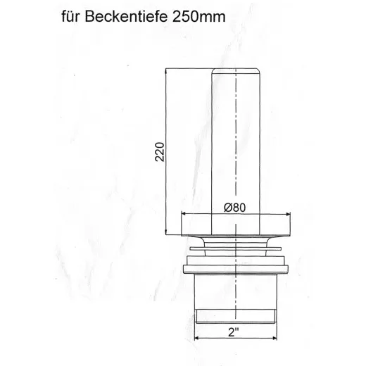 Technische Masszeichnung des 2 Zoll Edelstahl Standrohrventils mit Univentil, Kelchplatte und Dichtungen – passend fr gewerbliche Spuelbecken mit 250 mm Beckentiefe.