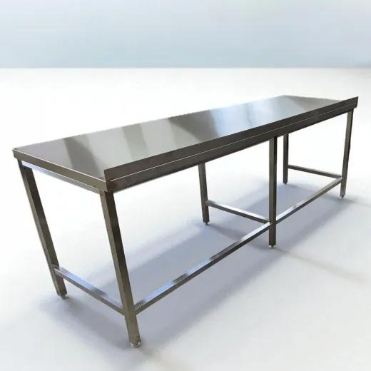 Rckansicht CAT Edelstahl Arbeitstisch mit offenem Unterbau Tischplatte und hinterer Aufkantung Tiefe 50 cm Breite whlbar 40 bis 300 cm stabil langlebig und hygienisch aus Edelstahl gefertigt ideal fr Gemeinschaftsverpflegung Medizin Labor Lebensmittelv