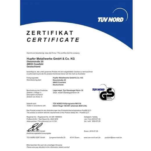 GS-Zertifikat Hupfer Lager- und Standregale Typ Norm-35 GS-Zertifikat für die Hupfer Lager- und Standregale Typ Norm-35, geprüft für höchste Sicherheit und Qualität, ideal für hygienische und belastbare Anwendungen.