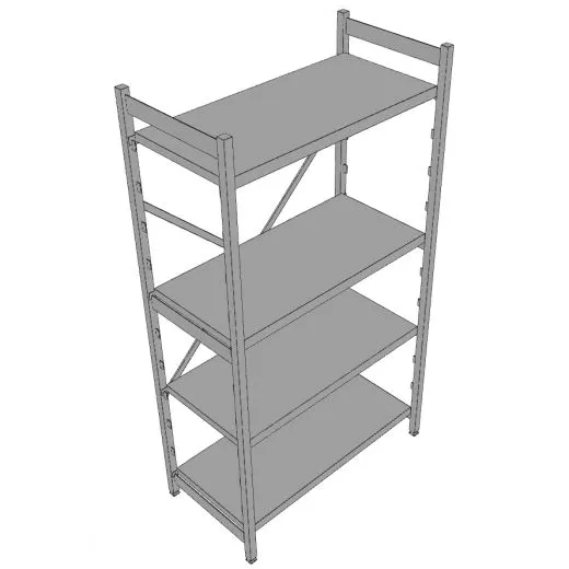 3D-Ansicht des Hupfer Regals Norm-35 mit den Maen 100x61x180/200 cm, ausgestattet mit hochwertigen Edelstahl Blechauflagen - ideal fr Hygiene-, Khl- und Lagerbereiche.