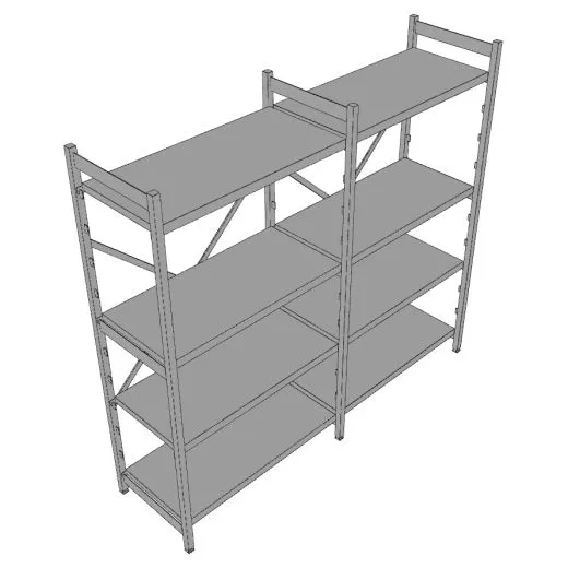 3D-Ansicht vom Hupfer Regal N35 - 200x51x180/200 cm mit Edelstahl Blechauflagen 3D-Ansicht des Hupfer Regals Norm-35 mit den Maßen 200x51x180/200 cm, ausgestattet mit hochwertigen Edelstahl Blechauflagen - ideal für Hygiene-, Kühl- und Lagerbereiche.