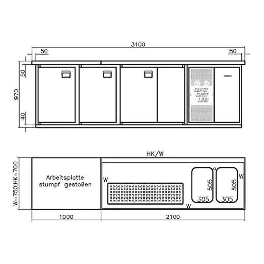 EGL-Theke E31FTZ - 2 Becken - 2½xTr - 1xZugabteil