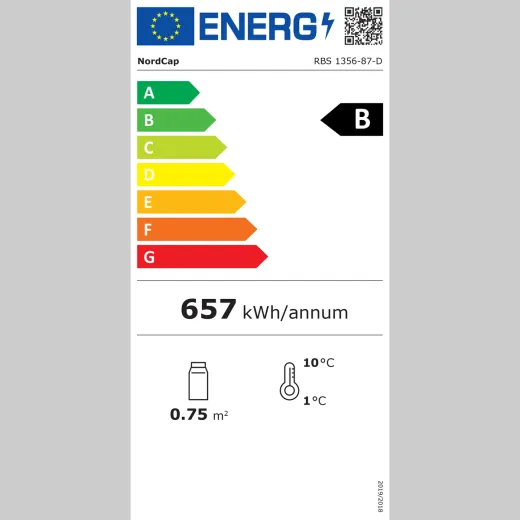 EU-Energielabel NordCap RBS 1355-87-D – Energieeffizienzklasse B, Verbrauch 657 kWh pro Jahr.