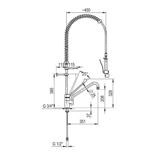 Ma�zeichnung der Klarco EUROP Geschirrbrause 2E.2914.4L.72/C87: Armatur mit J-Auslauf �25 x 295 mm, Auslaufh�he 208 mm, Reichweite 351 mm, Hebelschwenk 25 Grad. Anschluss G 3/4 und G 1/2.