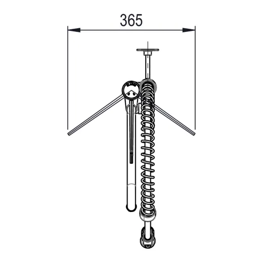 Ma�zeichnung Draufsicht der Klarco EUROP Geschirrbrause 2E.2914.4L.72/C87: Drehbereich 365 mm. Einloch-Einhebel-Geschirrbrause mit Federzugarm, Handbrause und J-Auslauf zur Auftischmontage.