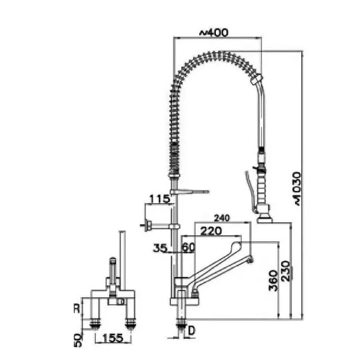 Profi Vorsplbrause hoch - Auslaufhahn 240mm - Zweilochmischbatterie TM2L