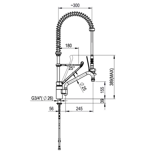 Profi Vorsp�lbrause hoch - Auslaufhahn 225mm - Einlochmischbatterie TM1L