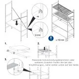 Schrittweise Darstellung der Montage eines Hupfer Norm-12 Regals mit Kunststoff Auflagen. Die Kunststoff Auflagen werden in die Rahmenkonstruktion eingehngt und ohne Werkzeug fixiert. Die Anleitung zeigt die einfache Positionierung und Hheneinstellung.