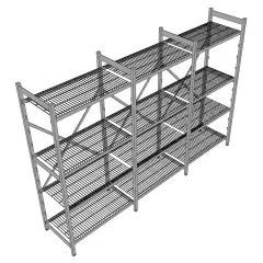 3D-Ansicht des Hupfer Regals Norm-35 mit den Maen 270x51x180/200 cm, ausgestattet mit hochwertigen Edelstahl Rostauflagen - ideal fr Hygiene-, Khl- und Lagerbereiche.