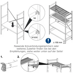 Schrittweise Darstellung der Montage eines Hupfer Norm-20 Regals mit Aluminiumrosten. Die Regalbden werden in die Rahmenkonstruktion eingehngt und ohne Werkzeug fixiert. Die Anleitung zeigt die einfache Positionierung und Hheneinstellung
