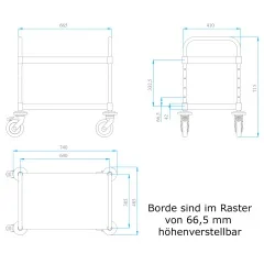 Mazeichnung des Hupfer Edelstahl VarioCart VC 6x4/2S-L in KITA Ausfhrung. Servierwagen mit 2 Borden und leisen, laufruhigen Rollen. Stabile Edelstahlkonstruktion, hygienisch und leicht zu bewegen, ideal fr den Einsatz in Kindergarten und Kinderbetreuun