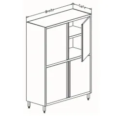 Mazeichnung des Edelstahl Hochschranks mit 195 cm Hhe und 80 cm Tiefe. Breite whlbar von 70 bis 120 cm. Geeignet fr hygienische Bereiche wie Molkereien, Fleischereien, Mensen, Gastronomie, Hotels, Lebensmittelverarbeitung, Labore und Kliniken.