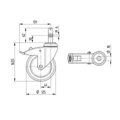 Mazeichnung der Lenkrolle Stahl-verzinkt  125 mm - LR Stvzkt Rz1/125 mF: Hochwertige Ersatzrolle fr Hupfer fahrbare Gerte wie EN/GN-Wagen, Regalwagen, Servierwagen, Abrumwagen und Kchenhocker. Auch einsetzbar bei Blanco* und B.Pro*