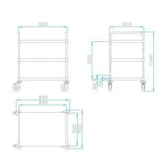 Masszeichnung vom Hupfer Variocart VC 8x6/3 M mit 3 Etagen, Bordma 80x60 cm